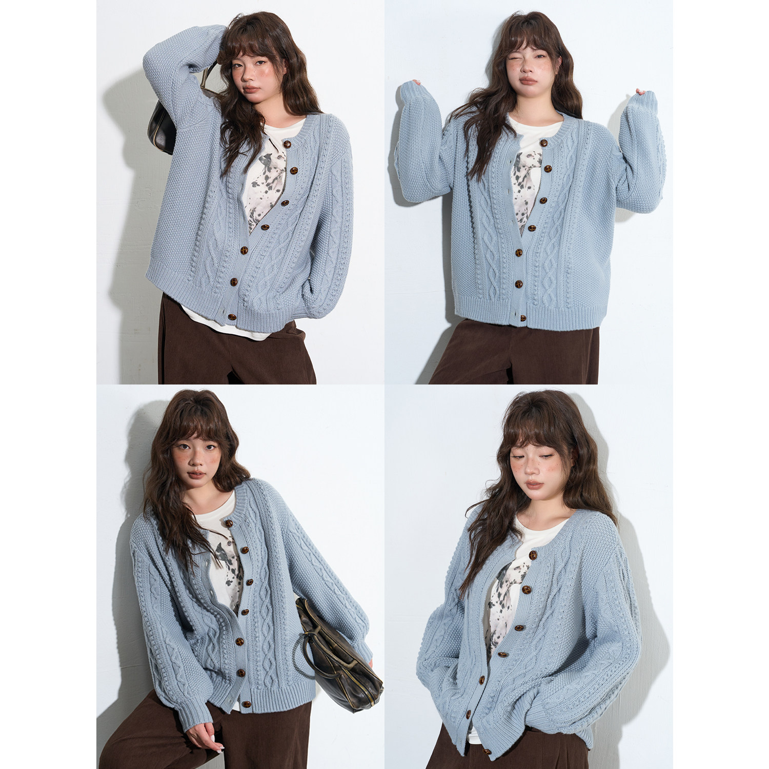 蕾蕾【秋日氛围】慵懒感纯色麻花纹针织单排扣开衫外套