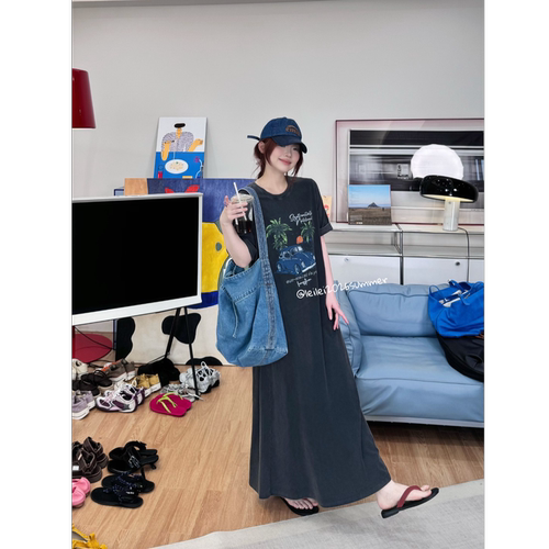 蕾蕾【落日海岛！】美式复古水洗宽松落日海岛图案长短版连衣裙