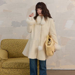 袖 冬季 口拼毛毛下摆荷叶裙摆毛呢外套裙 雪国千金 蕾蕾