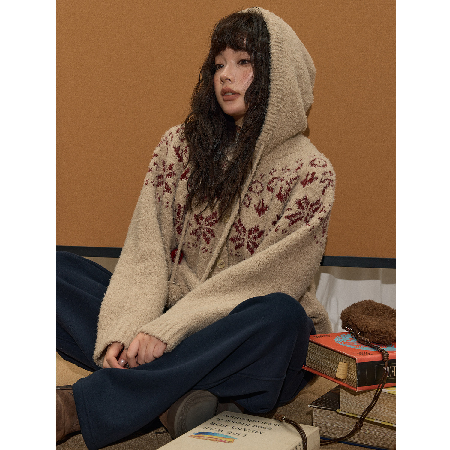 蕾蕾【费尔岛】高级感费尔岛提花连帽宽松开衫外套