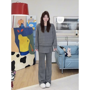 假两件屁帘高腰休闲裤 蕾蕾 极简圆领加绒卫衣 冬季 街头范