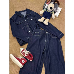 高腰阔腿牛仔裤 复古明线走线宽松牛仔外套 费城街头 蕾蕾