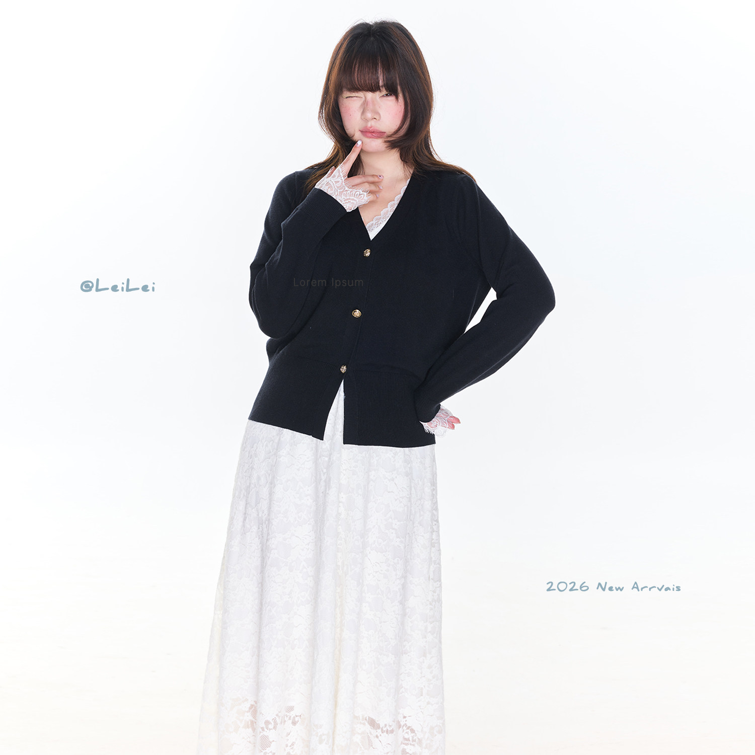 蕾蕾【伯爵夫人!】气质假两件针织拼接蕾丝V领连衣裙