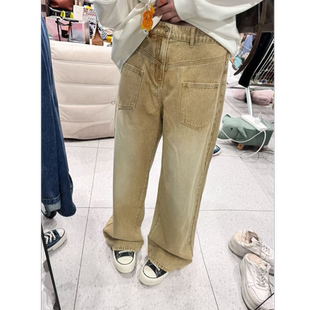 复古水洗高腰阔腿显瘦牛仔裤 蕾蕾 沙棕胶片