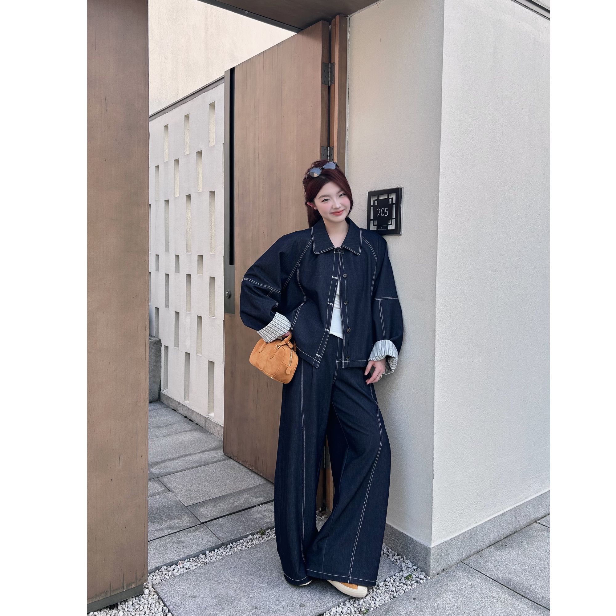 蕾蕾【不费力时髦】仿牛仔明线走线宽松外套后半截松紧高腰阔腿裤