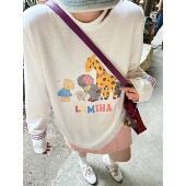 袖 朋友们 口撞色缝线圆领卡通图案宽松T恤上衣 长颈鹿 蕾蕾