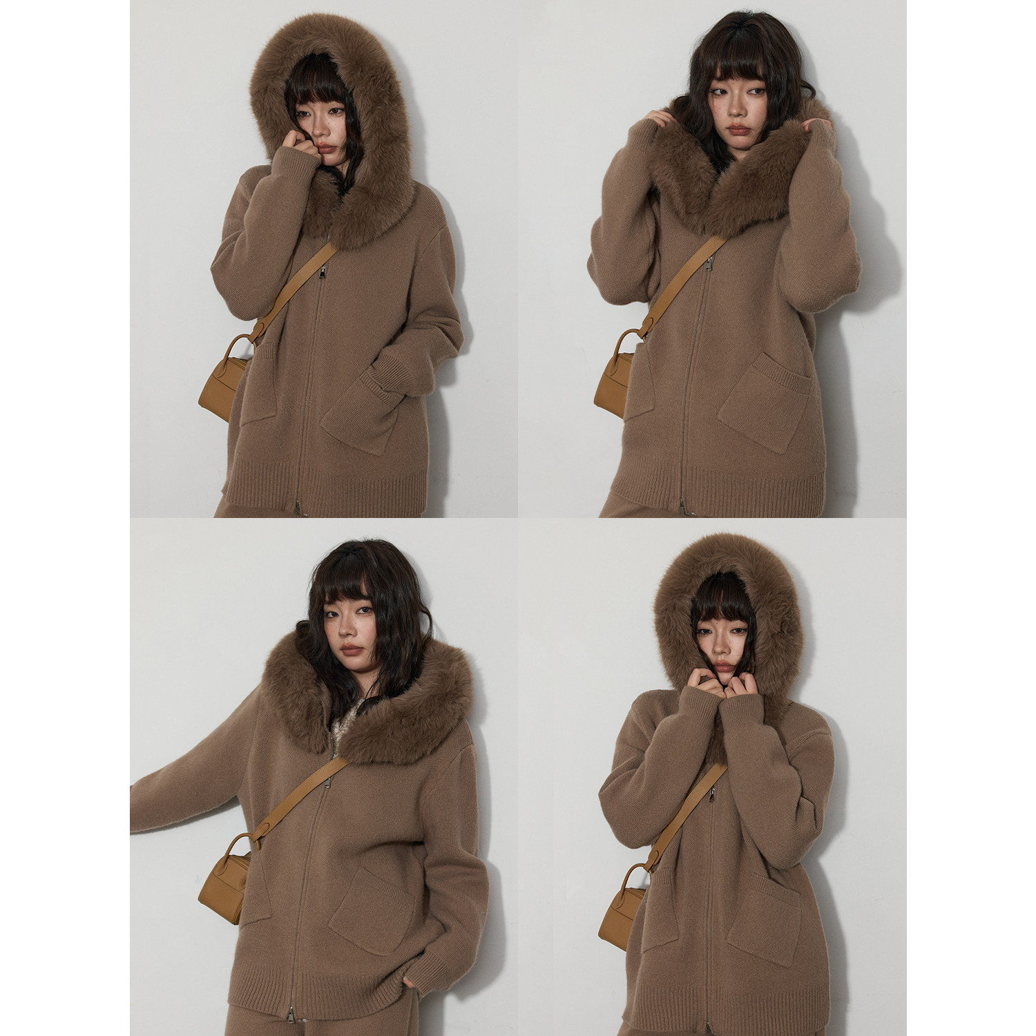 蕾蕾【绵绵芝士】带毛领宽松针织外套+宽边全松紧高腰阔腿针织裤