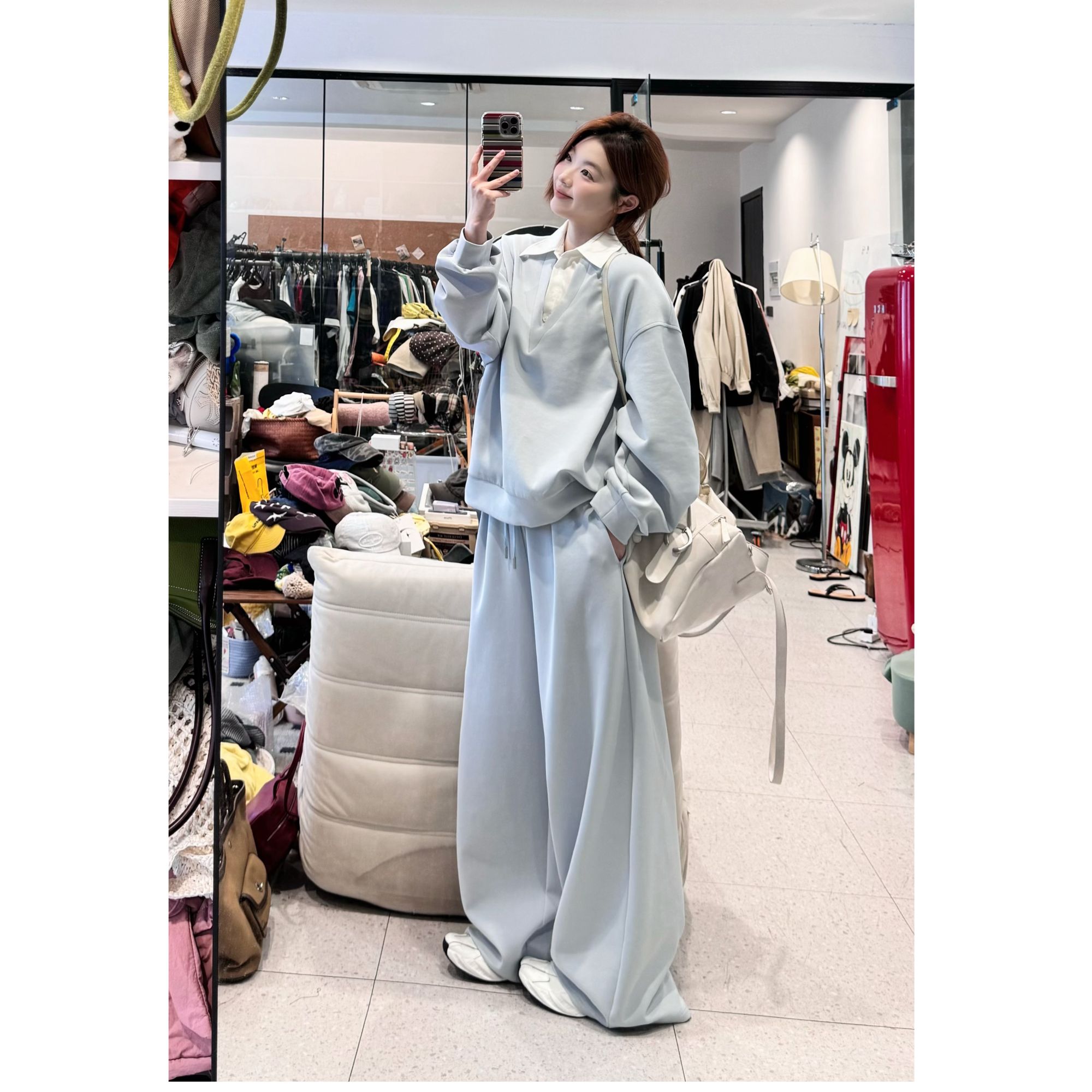 蕾蕾【零压力】时尚假两件polo翻领卫衣+全松紧高腰抽绳阔腿裤