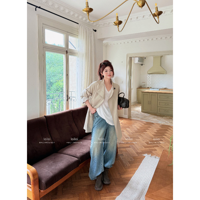 蕾蕾【风起伦敦】时尚英伦风袖口撞色条纹宽松长袖可立领风衣外套