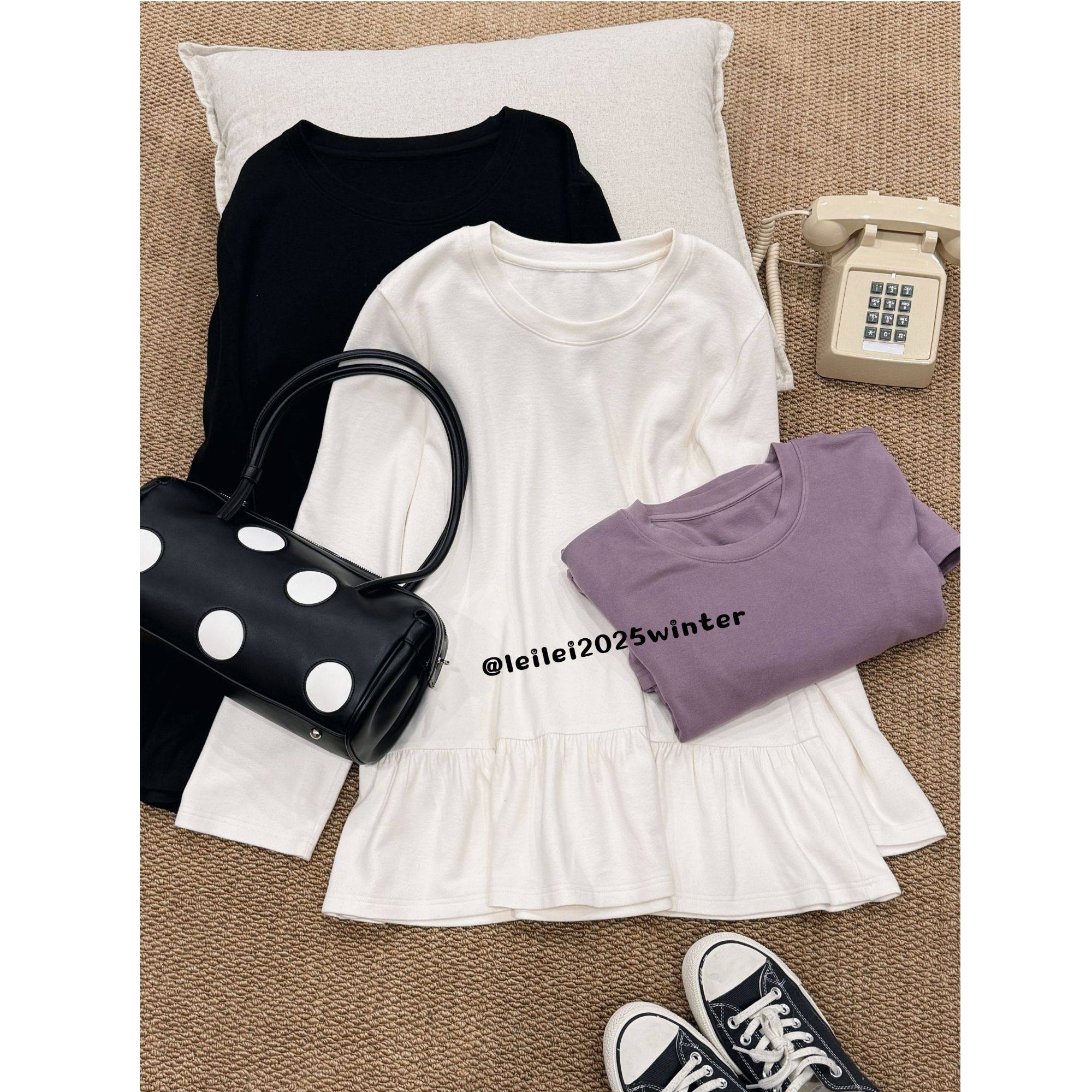 蕾蕾【温柔搭档！】韩版下摆荷叶边宽松圆领长袖绒感打底上衣