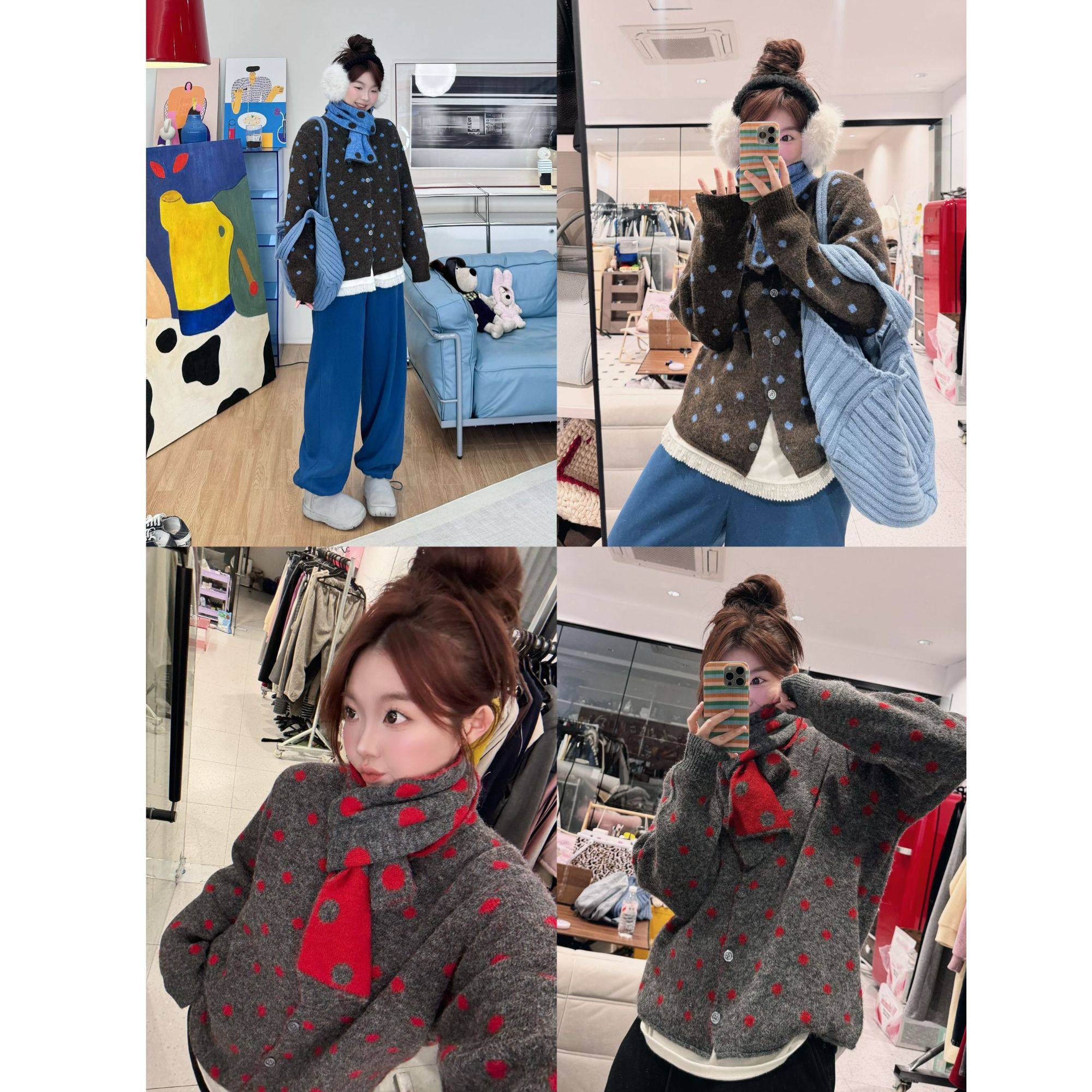 蕾蕾【可爱脆啵啵！】自带围巾双面织波点圆领正肩针织开衫毛衣