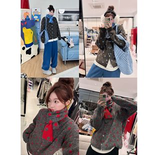 毛衣 自带围巾双面织波点圆领正肩针织开衫 蕾蕾 可爱脆啵啵