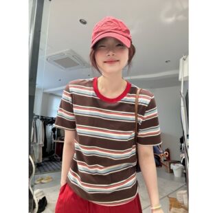 蕾蕾 韩系撞色条纹小版 短袖 T恤上衣 条纹咖