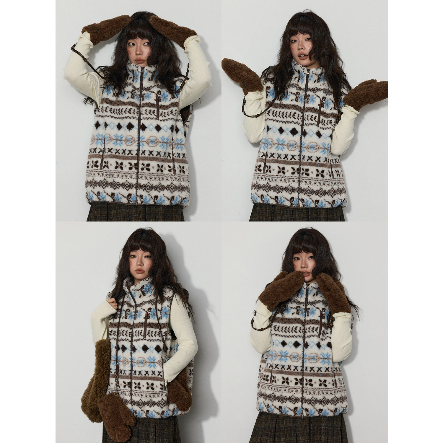 蕾蕾【海盐可可！】毛领可拆卸费尔岛提花外套无毛领马甲两个版本