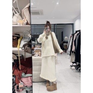 蕾蕾 温柔风花边领纯色针织毛衣下摆花边全松紧高腰半裙 偏爱