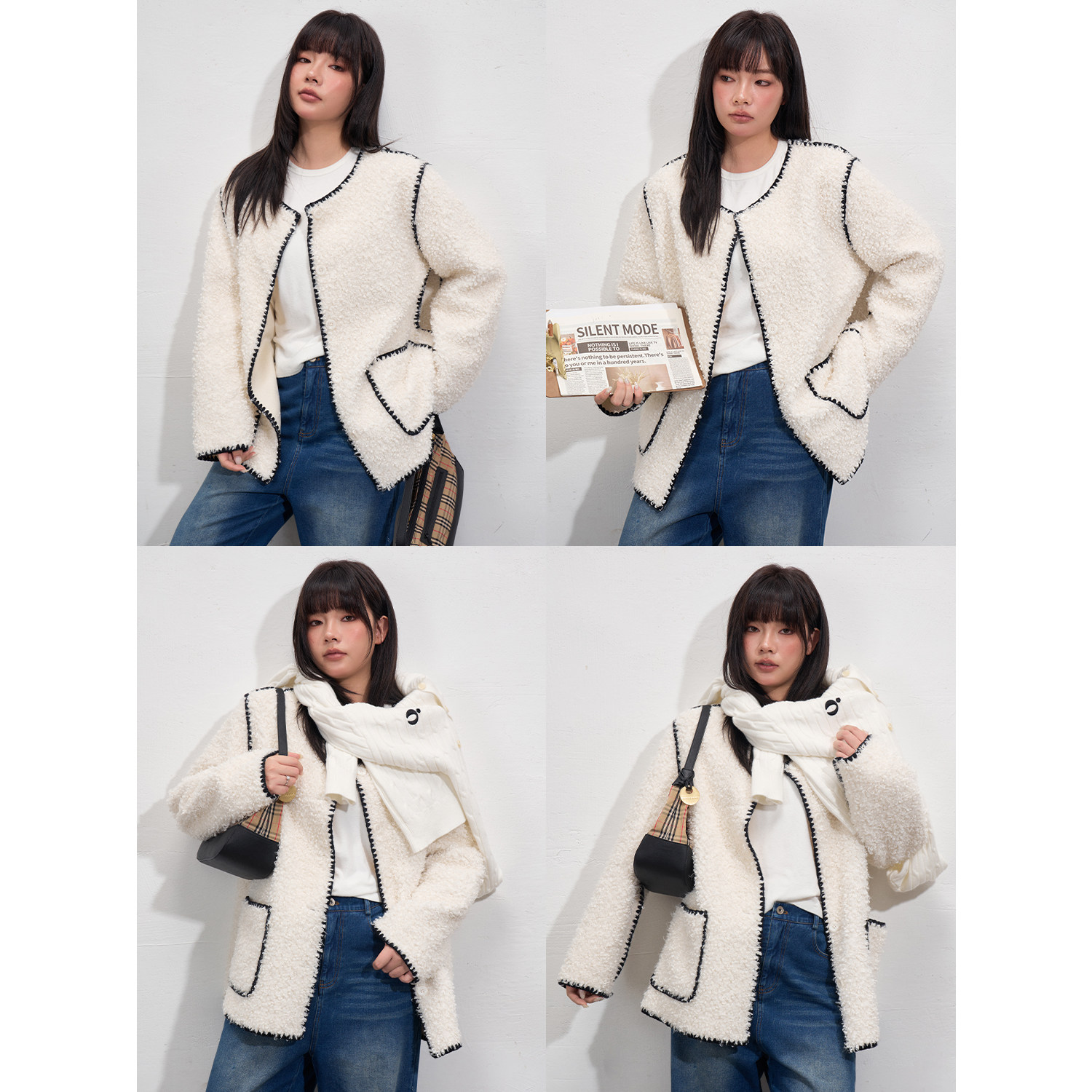 蕾蕾【墨尔本街区】撞色包边小香风圆领圈圈毛长短外套时尚