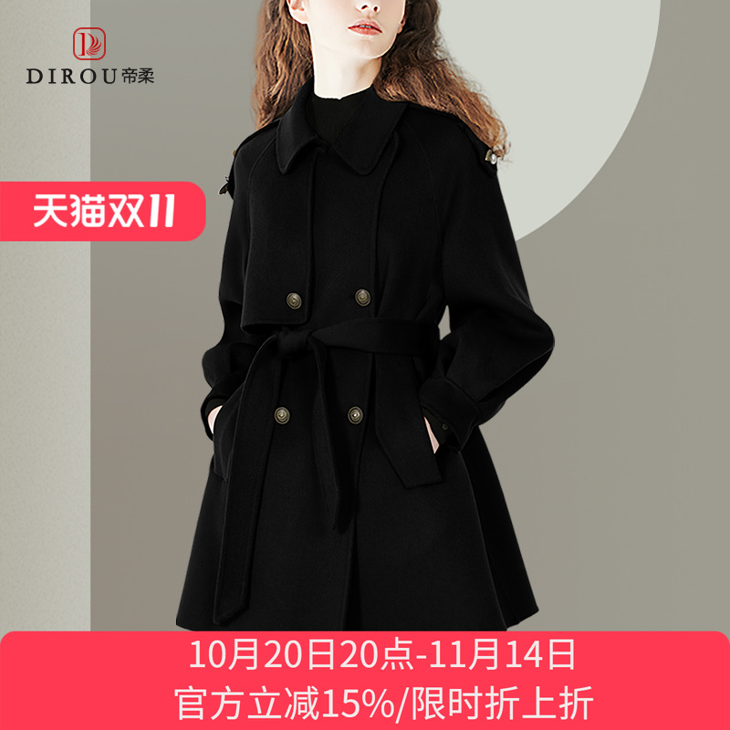 帝柔英伦黑色外套羊毛大衣中长款