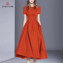 赫本风连衣裙2024夏季新款名媛气质高贵红色礼服大裙摆修身中长裙