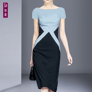 帝柔夏季气质拼色知性连衣裙 现货洋气落落大方还修身