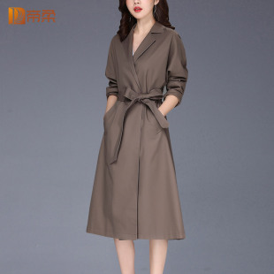 风衣女中长款9168咖色长袖修身型系带绑带西装领女士薄款风衣