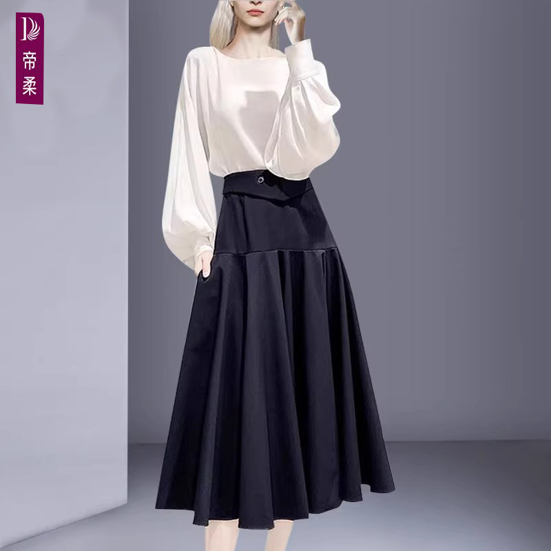 长袖宽松蓬蓬袖上衣褶皱拼接设计半身裙时尚套装两件