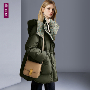 高档加厚面包服连帽外套女白鸭绒冬季新款气质绿色中款羽绒服