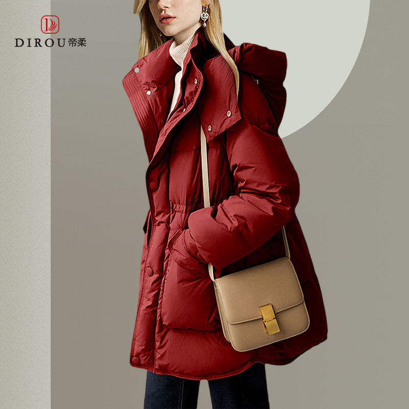 帝柔高倍暖时尚红色羽绒服女2025新款冬季带帽宽松大码外套可收腰