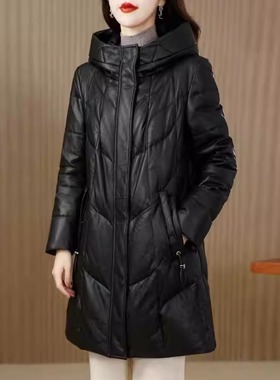 海宁真皮羽绒服女绵羊皮中长款修身连帽高级感皮衣外套2025冬新款