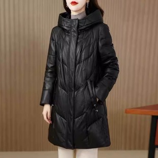 海宁真皮羽绒服女绵羊皮中长款修身连帽高级感皮衣外套2025冬新款