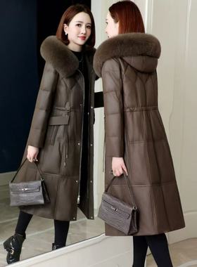 海宁100%狐狸毛领连帽真皮羽绒服女中长款过膝绵羊皮皮衣冬季加厚