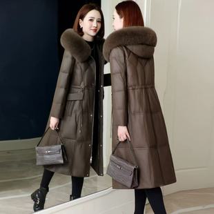 海宁100%狐狸毛领连帽真皮羽绒服女中长款过膝绵羊皮皮衣冬季加厚