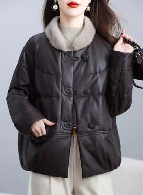 海宁皮衣2025冬季新款新中式国风绵羊皮羽绒服女短款宽松真皮外套