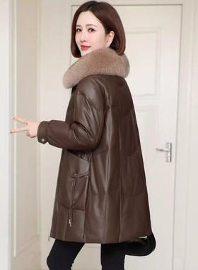 海宁高端皮衣真皮羽绒服女2025冬新款中长款妈妈宽松显瘦保暖外套