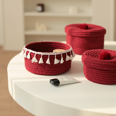 红色收纳结婚喜庆编织圆形糖果盒