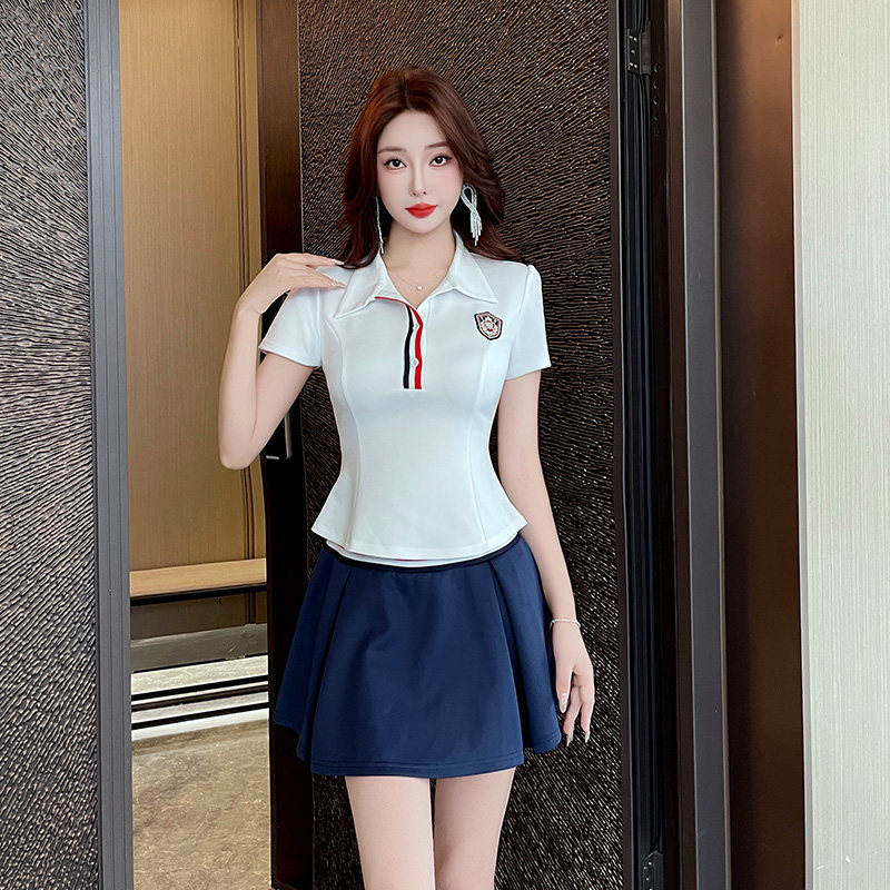清纯JK风养生馆工作服修身POLO短袖高腰百褶裙酒店美容师职业套装