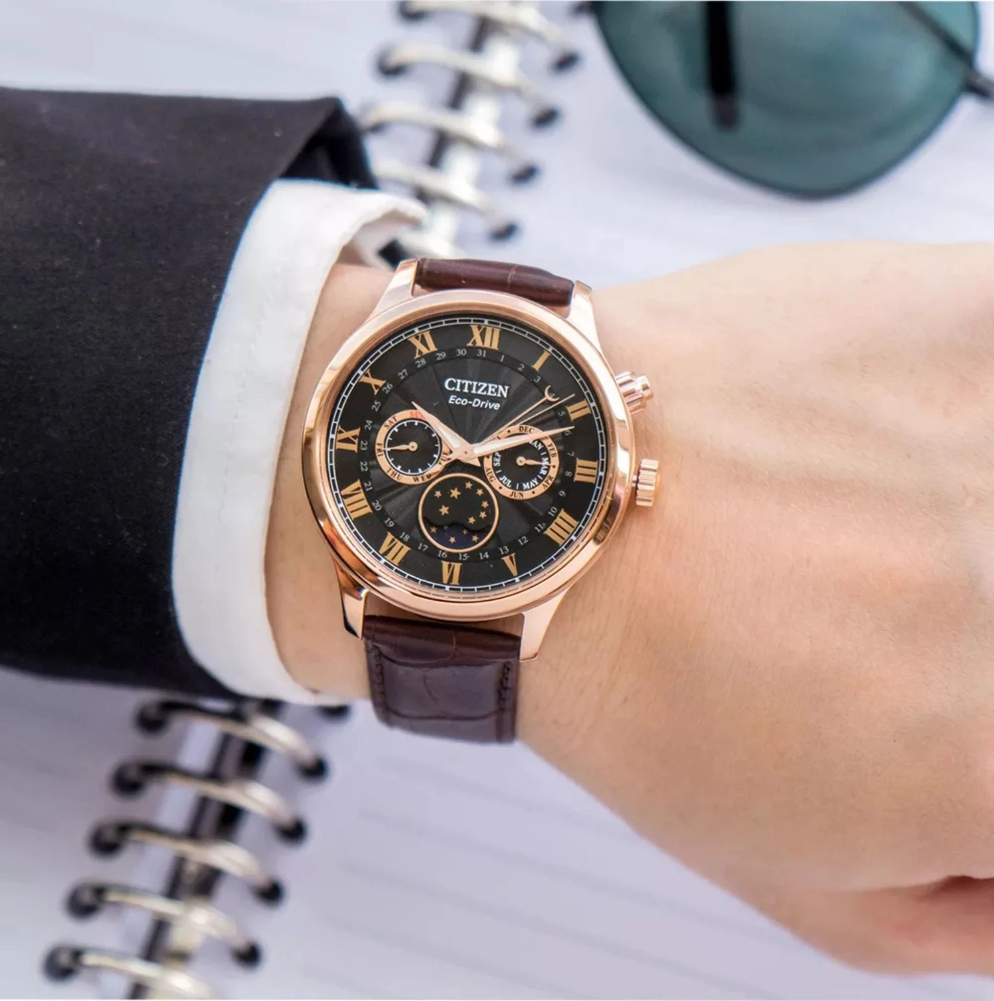 正品西铁城月相光动能商务蓝宝石