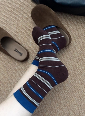 复古摩卡蓝棕撞色条纹袜~慵懒韩系感拉满！一整个复古高级住辣~￥