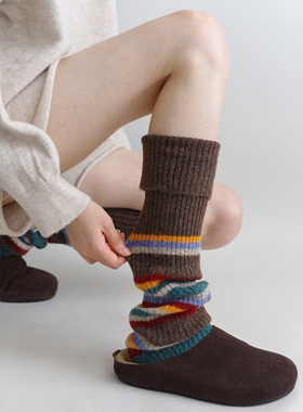 穿出复古时尚感~彩虹条纹羊毛小腿袜套ins潮保暖美式学院风堆堆袜