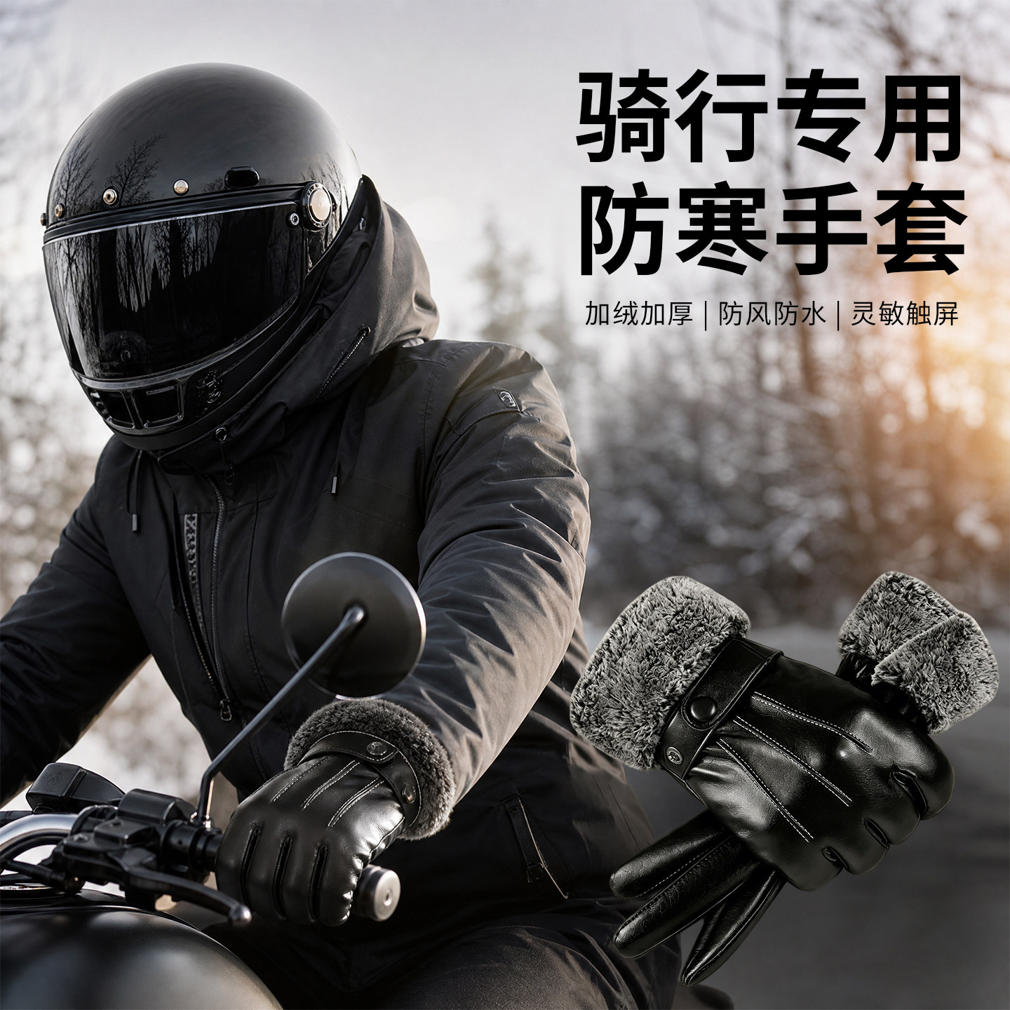骑行防寒皮手套男士冬季加绒加厚保暖防风防水可触屏摩托车外卖