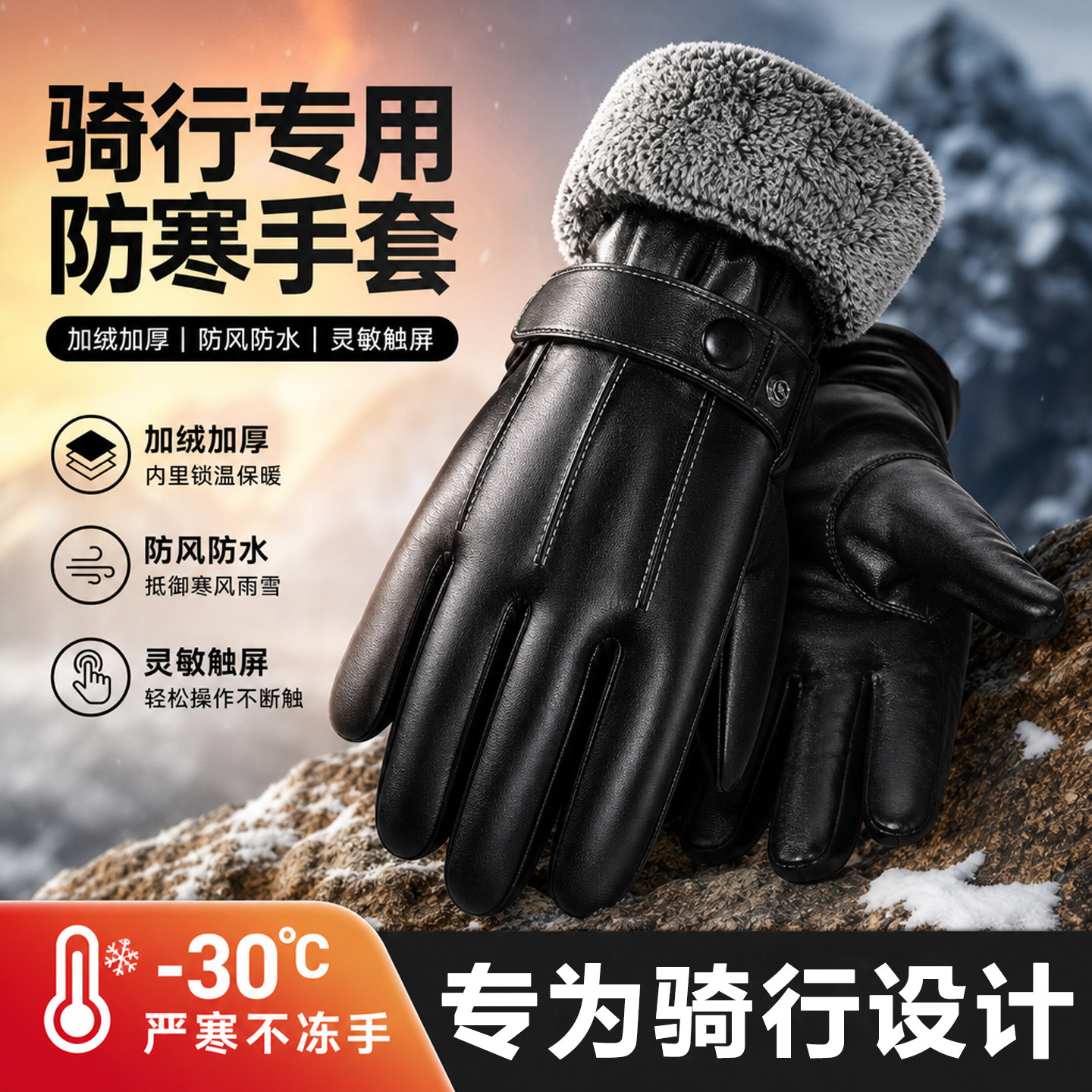 骑行防寒皮手套男士冬季加绒加厚保暖防风防水可触屏耐磨摩托车