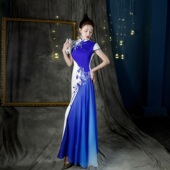 高端鱼尾晚礼服中式 立领优雅显瘦模特团体走秀古筝艺考舞台表演出