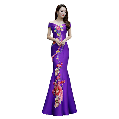 紫缘萱刺绣一字肩中式鱼尾礼服