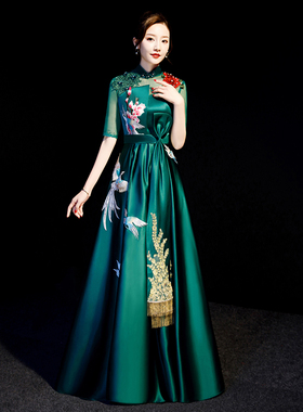 紫缘萱长款晚礼服墨绿色团队合唱演出服主持宴会模特走秀气质优雅