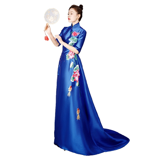 高端拖尾礼服模特走秀舞台表演出服刺绣烫钻大气优雅主持独唱蓝色