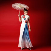 紫缘萱中国风式 旗袍改良舞台演出晚礼服模特团体走秀合唱白色主持