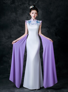 紫缘萱高端晚礼服新款舞台装宴会修身显瘦形体合唱白紫色长款鱼尾