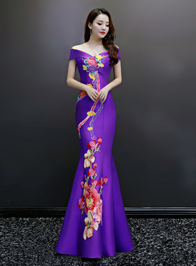 紫缘萱一字肩晚礼服长款紫色中式刺绣鱼尾裙舞台演出服合唱主持夏