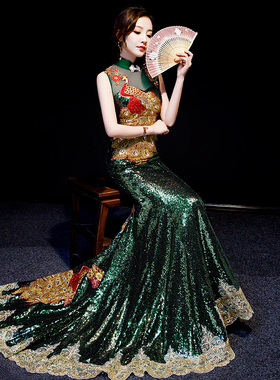 紫缘萱高档宴会晚礼服墨绿色亮片宴会晚装大气鱼尾拖尾走秀演出服