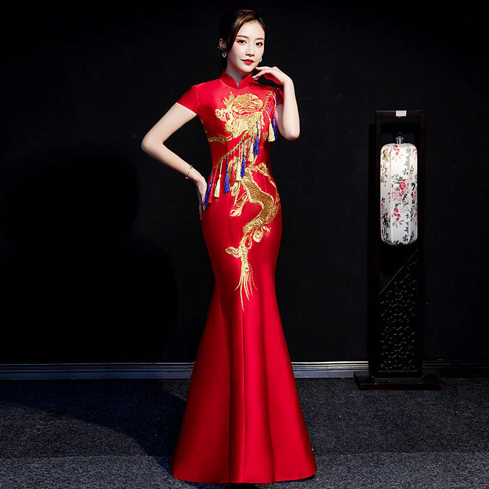 紫缘萱中国风长款鱼尾晚礼服高端宴会刺绣改良龙袍模特走秀演出服