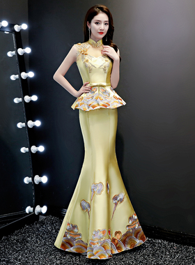 紫缘萱中国风式宴会晚礼服长款黄色刺绣演出服模特走秀主持旗袍女